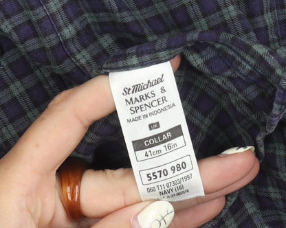 Marks and Spencer Men's Navy Check Shirt Size 16