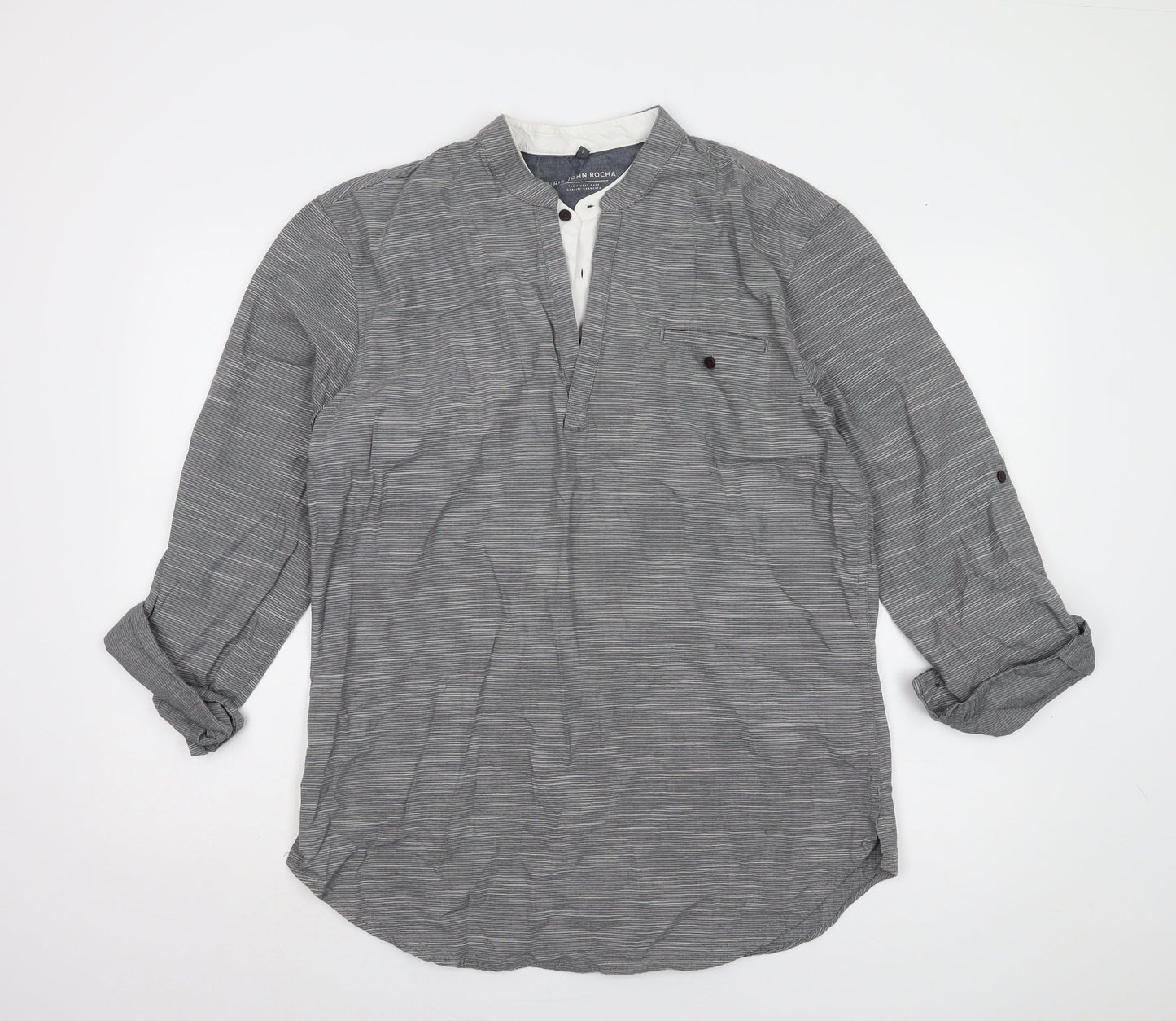 John Rocha Men's Grey Striped Long Sleeve Shirt M