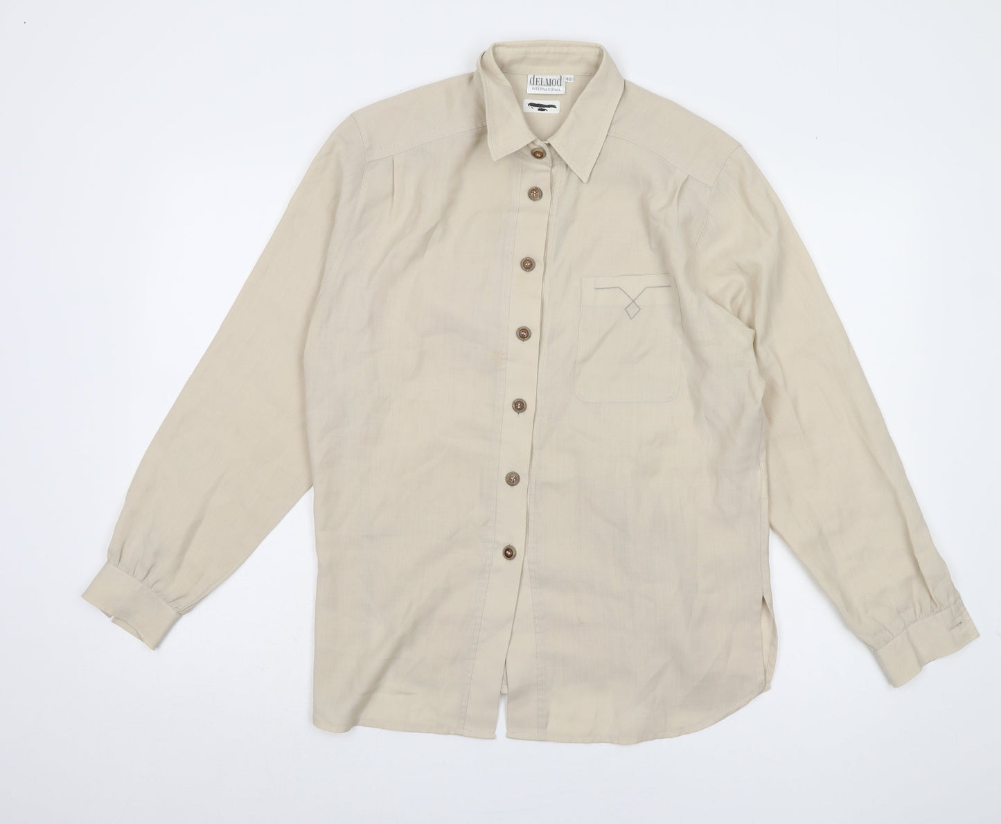 Delmod Women Beige Button-Up Shirt Size 12 Collared