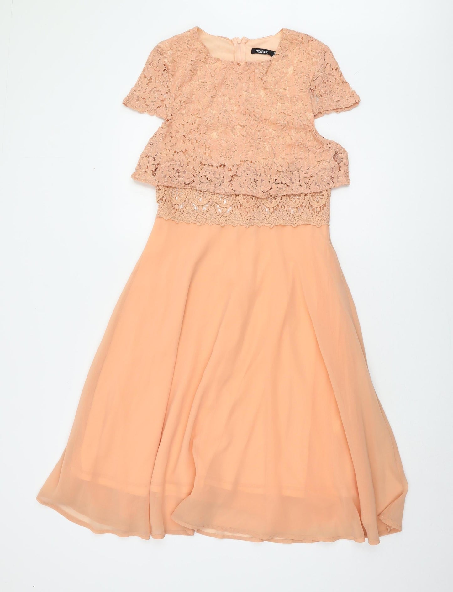 Boohoo Women's Pink Midi Fit & Flare Lace Dress