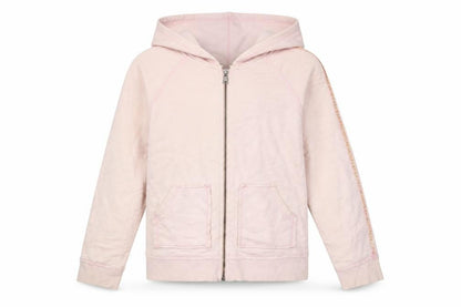 Front view of Ted Baker girls’ pink hooded jacket, size 16, zip sequined logo
