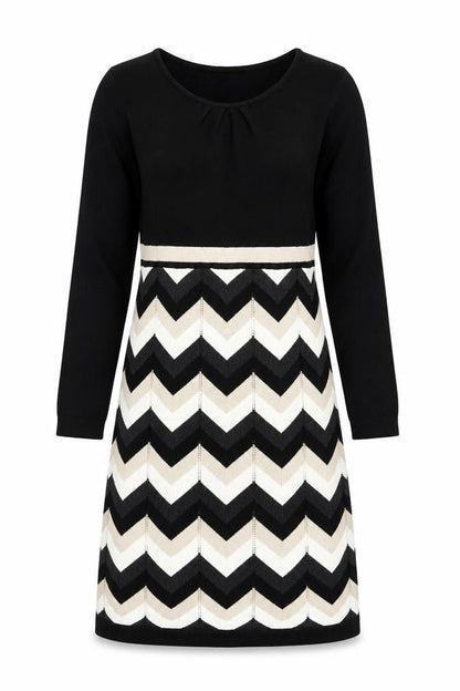 Spense Women's Chevron Knit Dress, Black & Beige, M