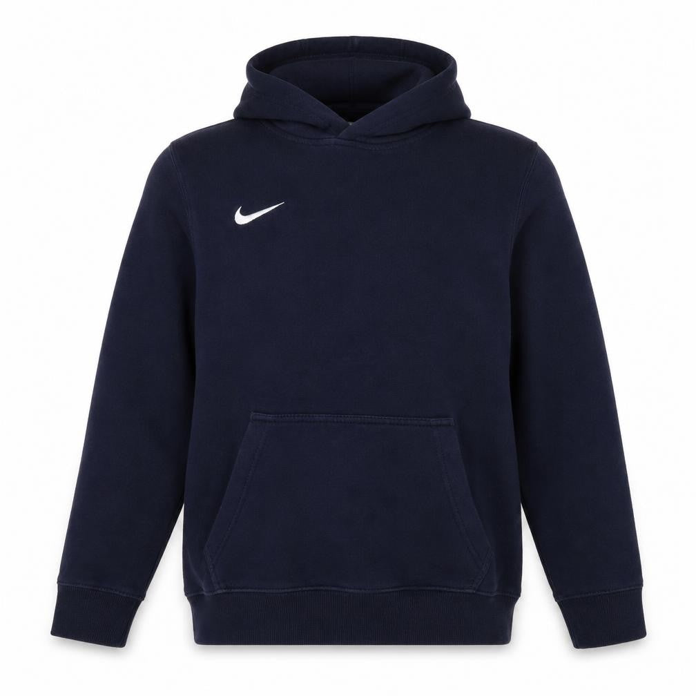 Front view of Nike boys’ blue pullover hoodie, xl, fleece, logo design