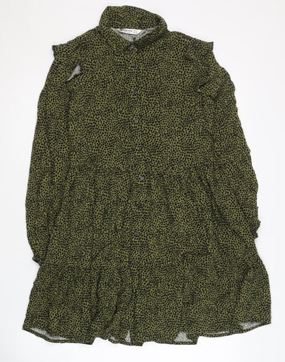 Stradivarius Women's Green Animal Print Shirt Dress