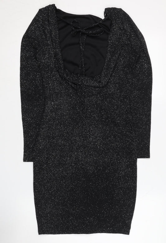 Lipsy Women's Black Glitter Long Sleeve Party Dress