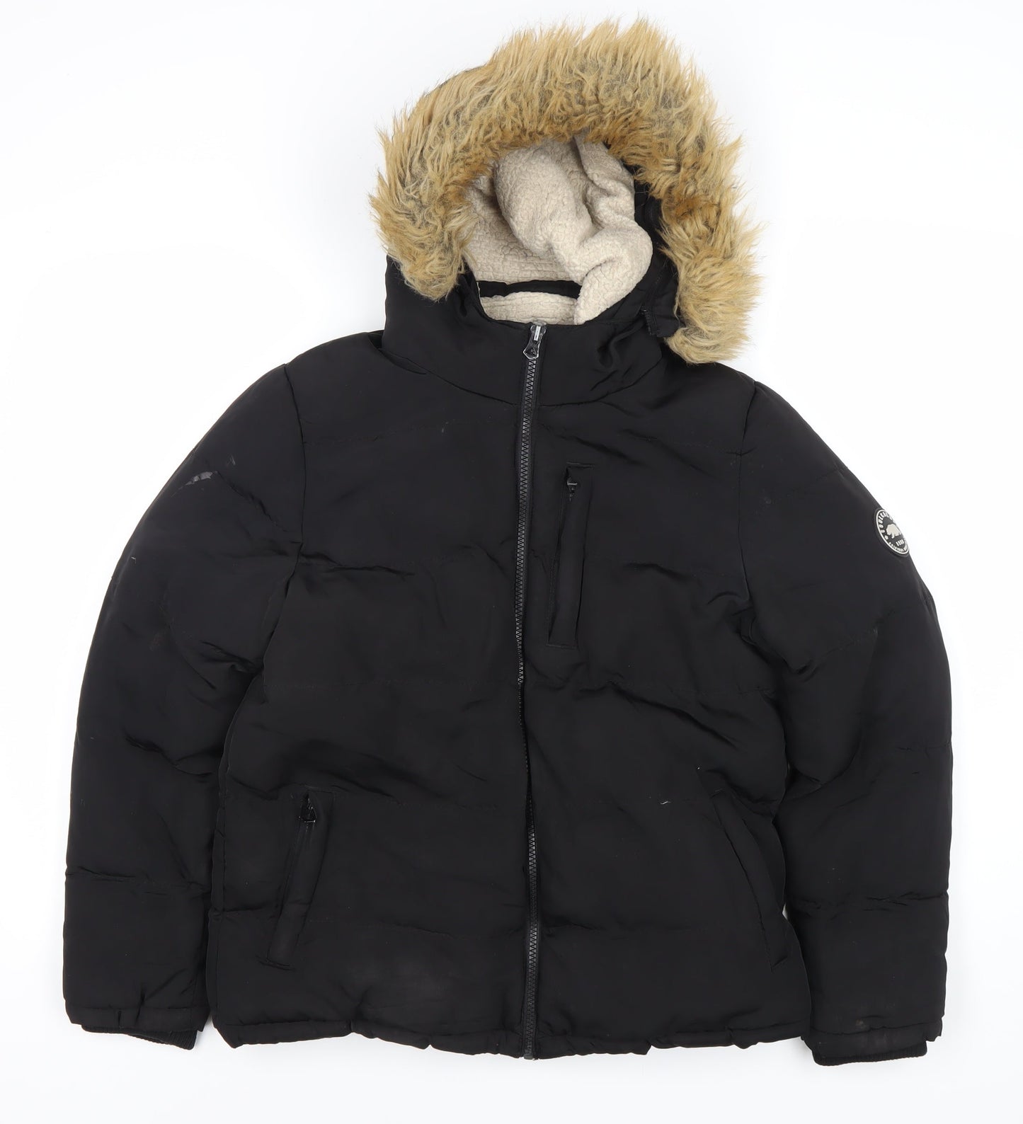 SoulCal & Co Black Girls' Puffer Jacket Size 13 Years with Fur Hood