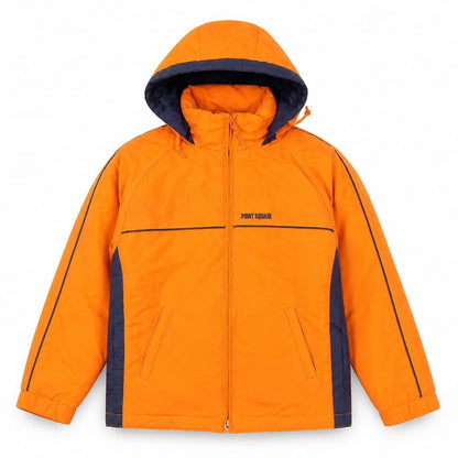 Front view of Point Square boys’ orange hooded puffer jacket, 11 years