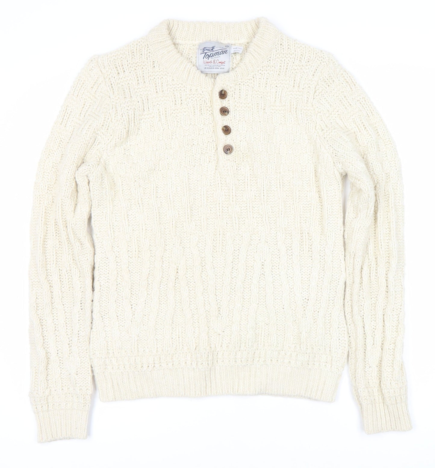 Topman Men's XS Ivory Cable-Knit Henley Jumper