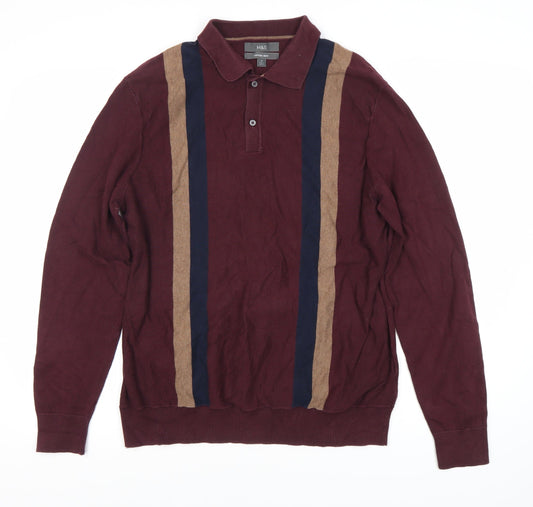 Marks & Spencer Men's Burgundy Striped Polo M