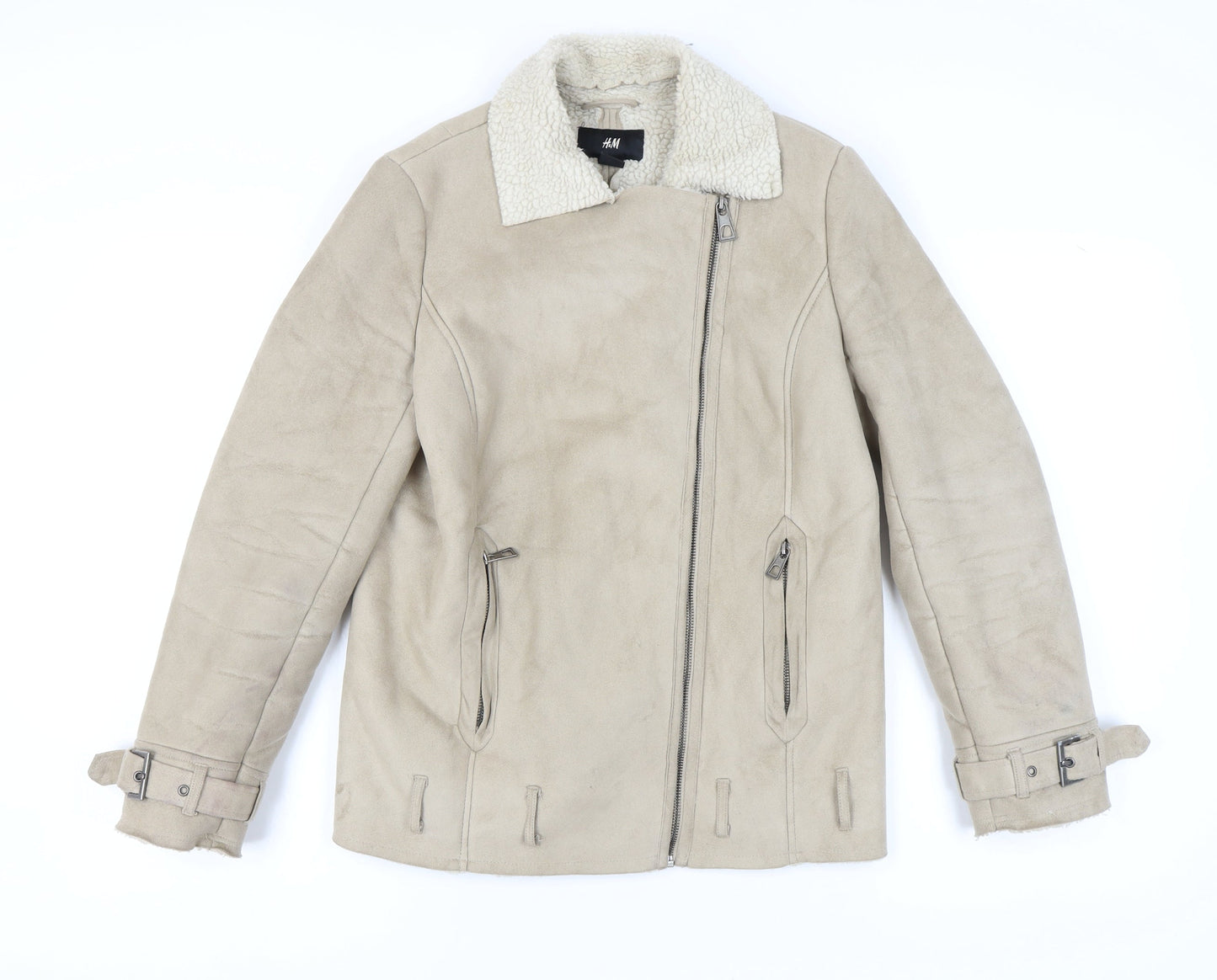 H&M Women's Beige Biker Jacket Size 8 Casual Autumn