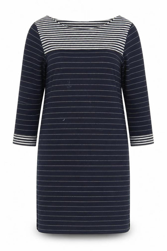 Front view of Roman Women's Navy Cotton Striped Shift Dress