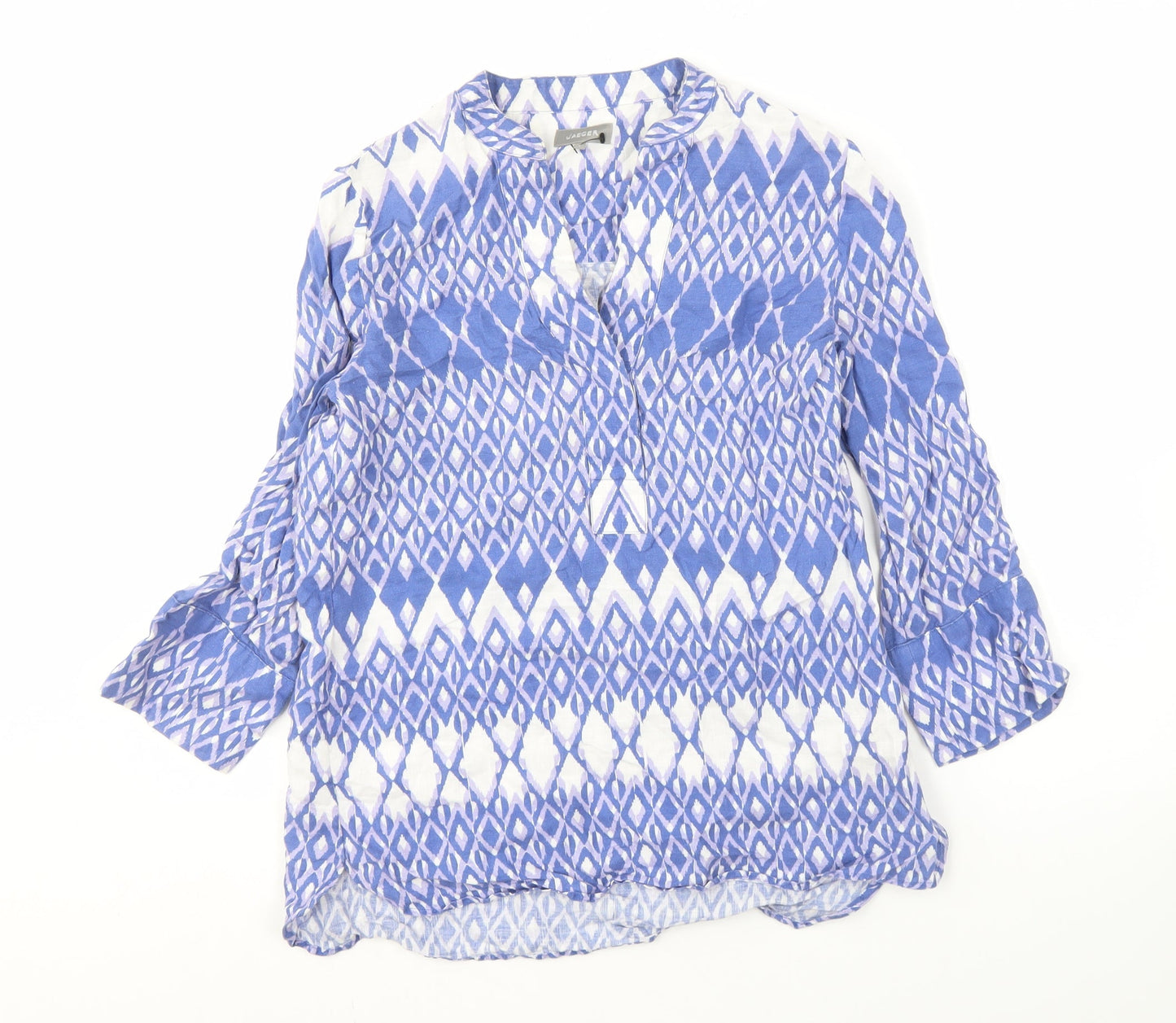 Jaeger Women's Blue Geometric Linen Blouse Size 6