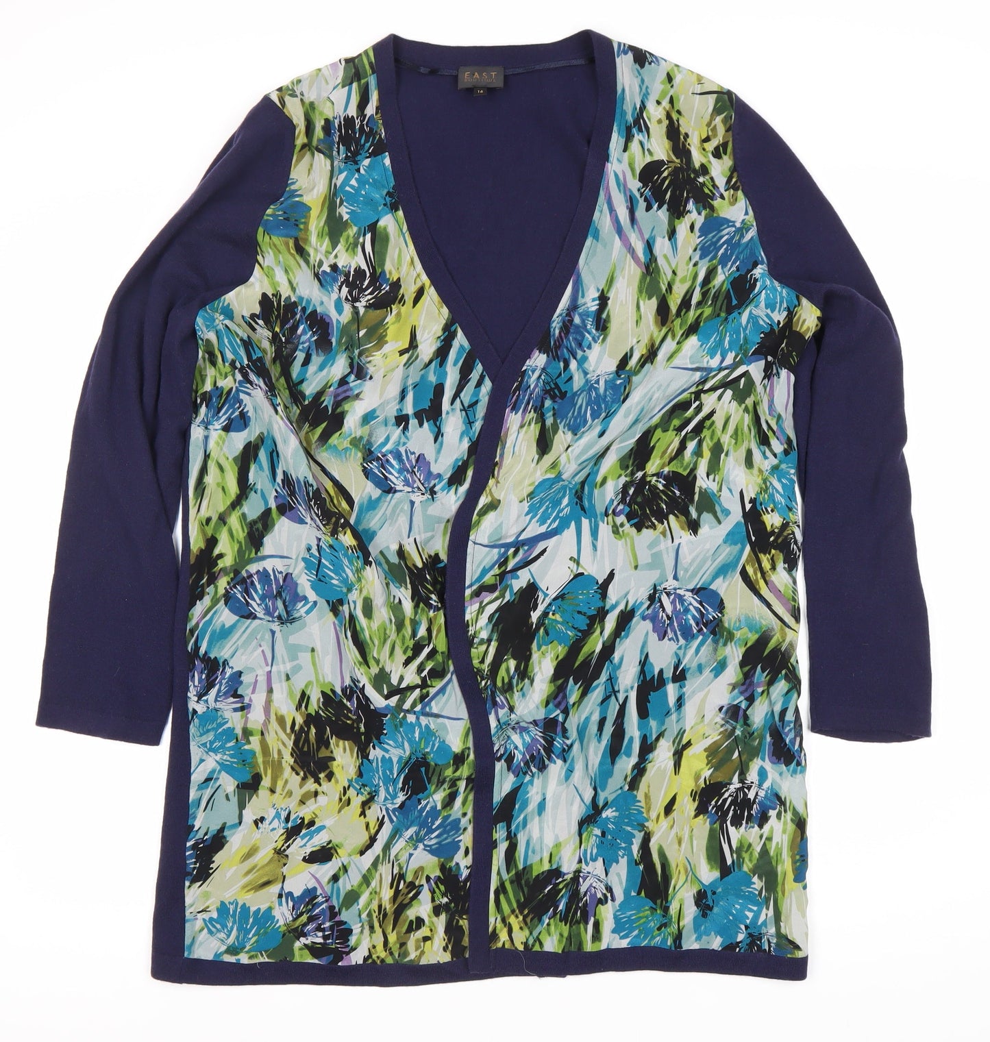 EAST Women's Multicoloured Floral Silk Wool Cardigan Size 16