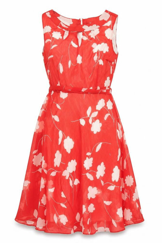 Front view of Kaleidoscope Women's Red Floral A-Line Dress, size 14