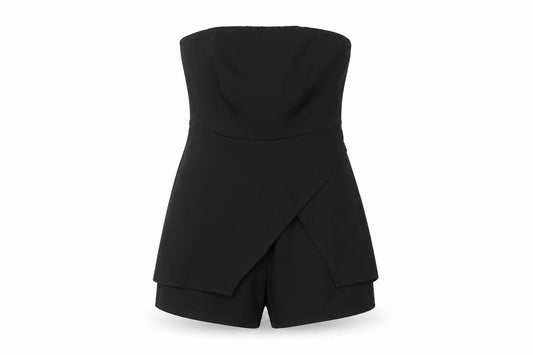 Front view of Missguided Women's Black Belted Strapless Playsuit, M, Party Ready
