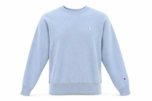 Front view of Champion unisex blue pullover sweatshirt, size S