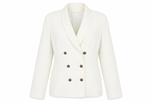 Front view of C&A Women Ivory Double-Breasted Suit Jacket, size 10, Petite