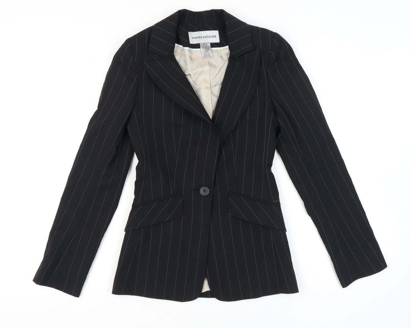 Warehouse Women's Black Pinstripe Wool Blazer UK 6