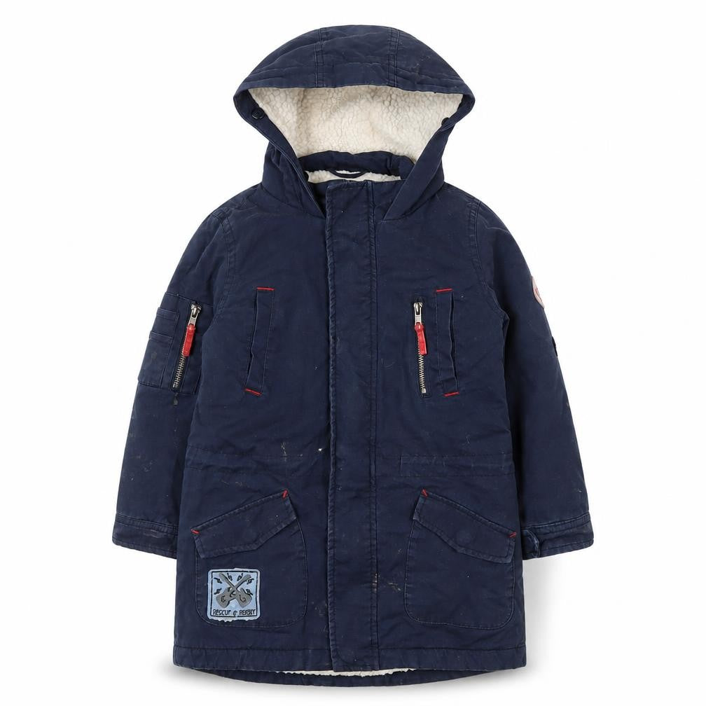 Front view of Joe Browns boys’ blue hooded jacket 6-7 yrs with pockets