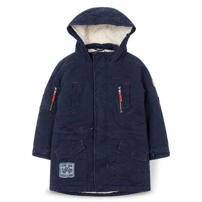 Front view of Joe Browns boys’ blue hooded jacket 6-7 yrs with pockets