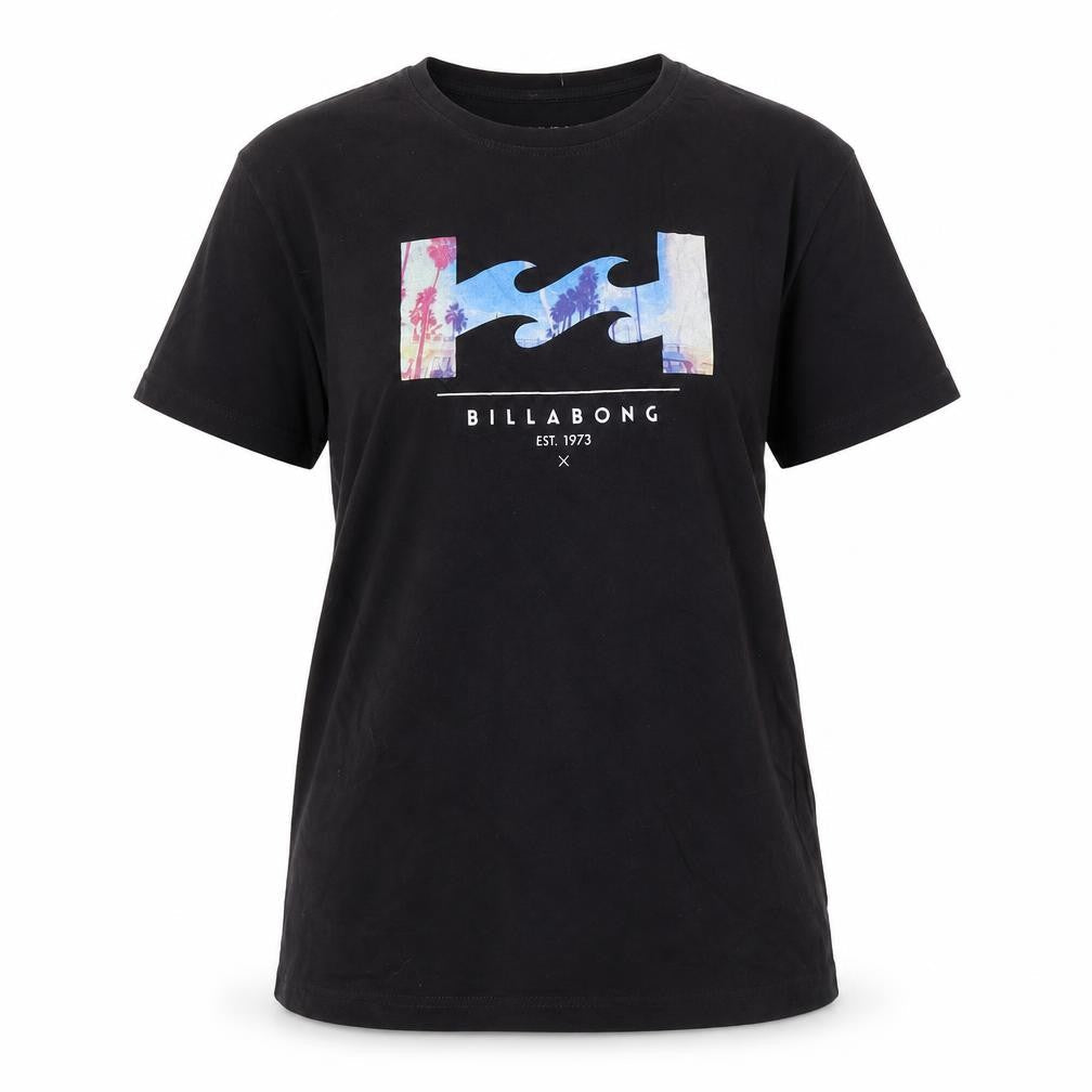 Front view of Billabong unisex black t-shirt, size 14, lightweight casual