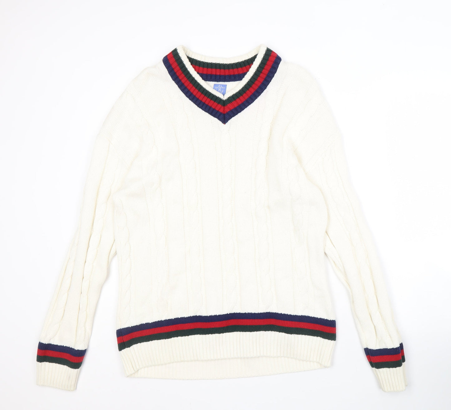 Next Men's White V-Neck Cable-Knit Jumper, Medium