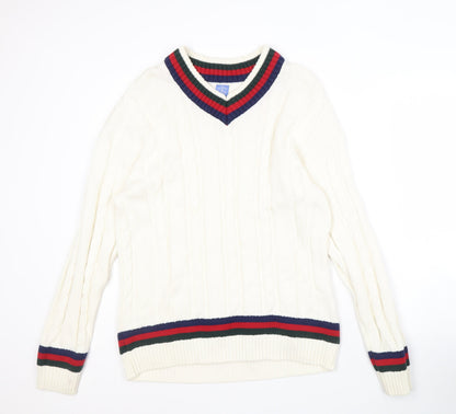 Next Men's White V-Neck Cable-Knit Jumper, Medium