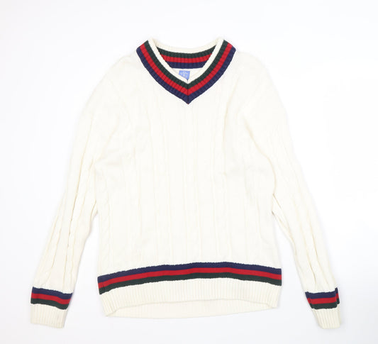Next Men's White V-Neck Cable-Knit Jumper, Medium