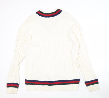 Next Men's White V-Neck Cable-Knit Jumper, Medium