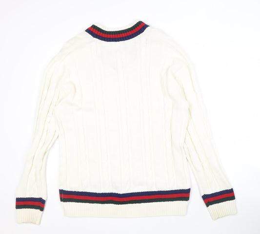 Next Men's White V-Neck Cable-Knit Jumper, Medium