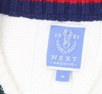 Next Men's White V-Neck Cable-Knit Jumper, Medium