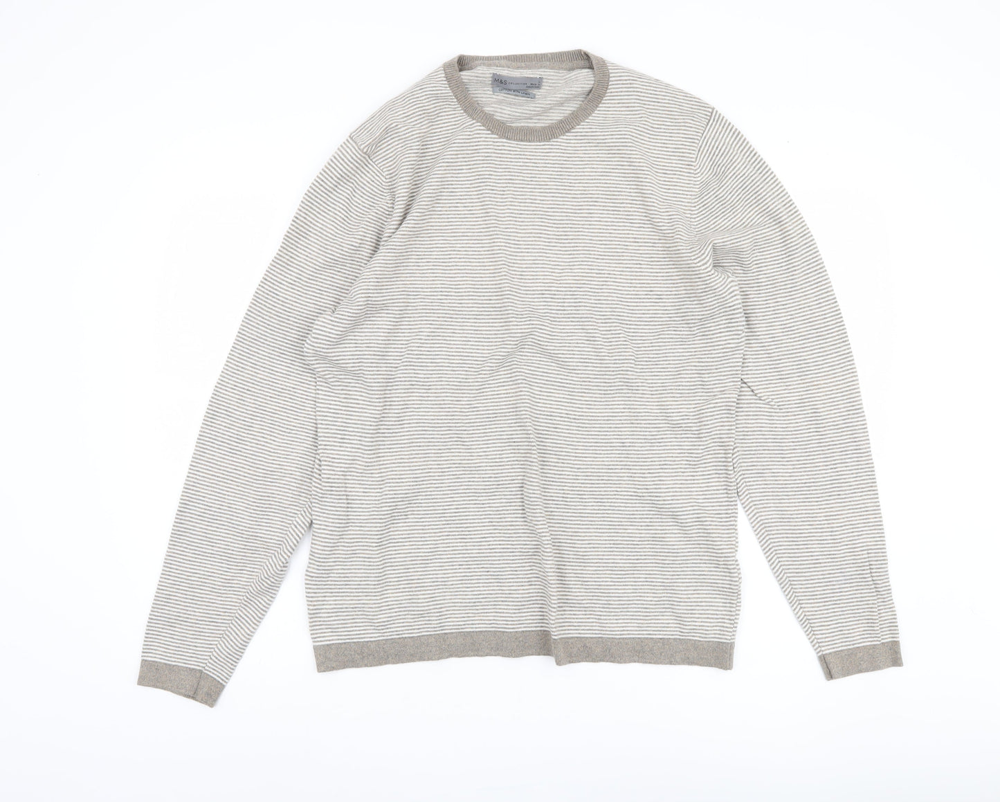 Marks and Spencer Men's Beige Striped Pullover Jumper L