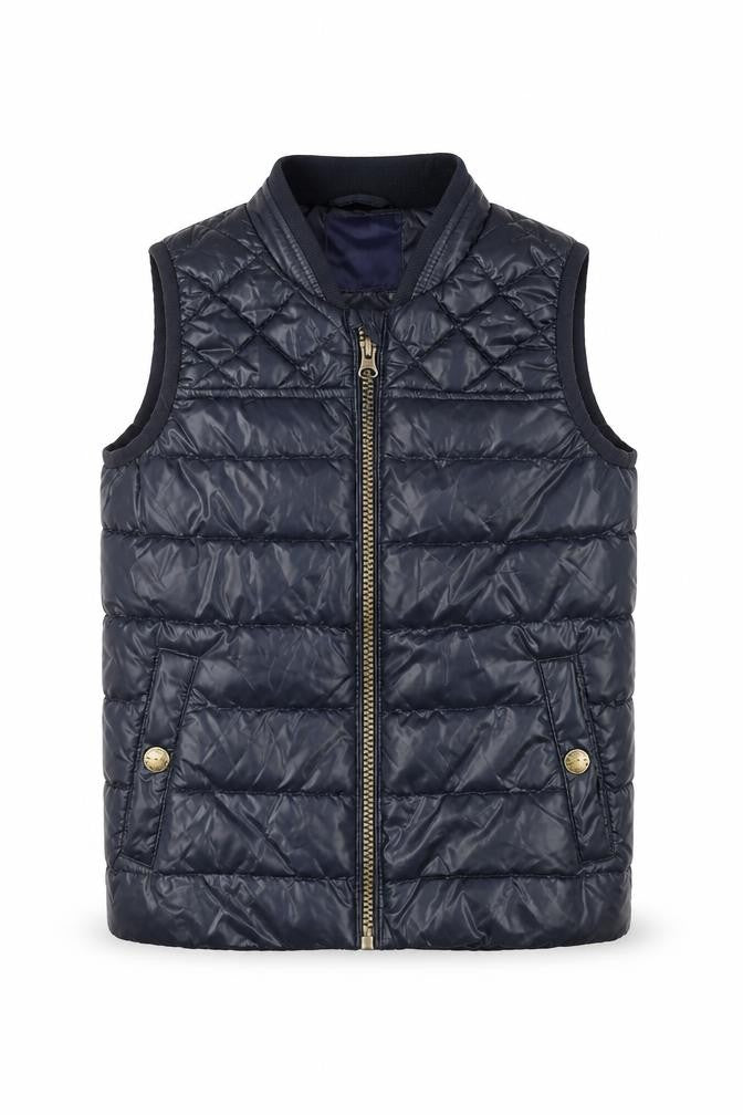 Front view of Next boys’ blue puffer jacket 4-5 years - quilted sleeveless
