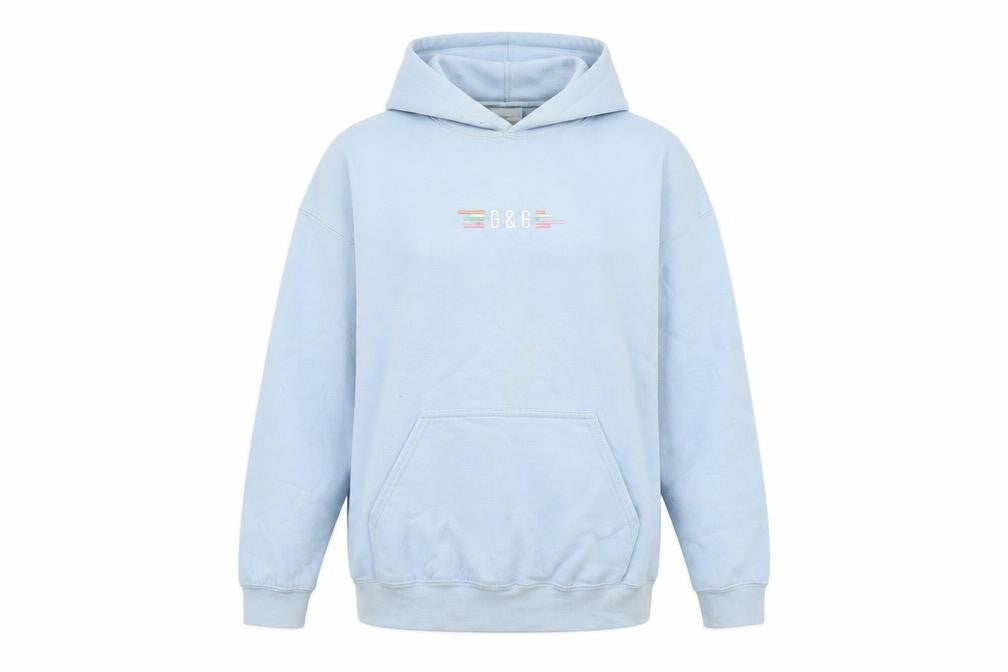 Front view of G&G unisex blue medium pullover hoodie