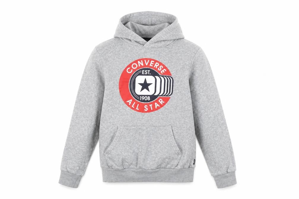 Front view of Converse boys’ grey pullover hoodie, size L, - all star graphic