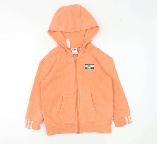 Adidas Girls Orange Full Zip Hoodie 5-6 Years Cotton Blend