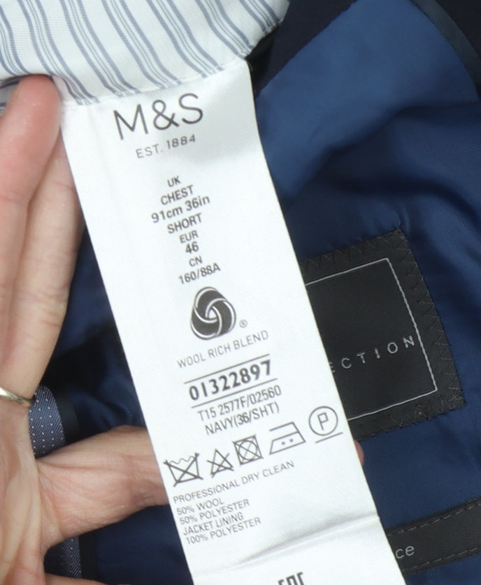 Marks and Spencer Men's Blue Wool Blend Blazer, Size 36 Short