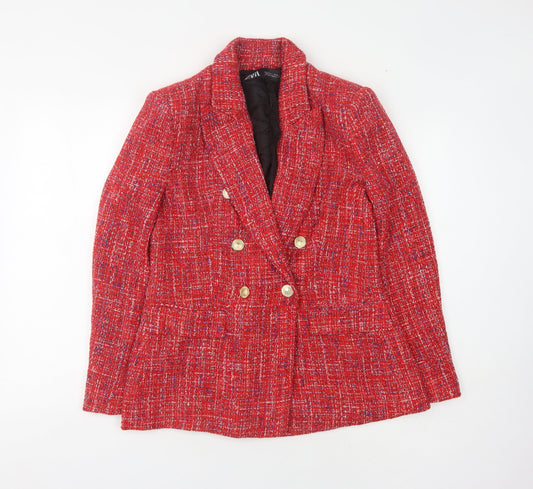 Zara Red Women's Woven Blazer L, Double-Breasted, Lined