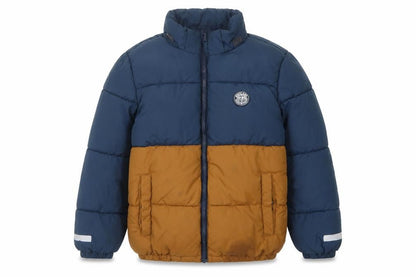 Front view of H&M boys’ blue brown puffer jacket 9-10 yrs reflective zip pockets