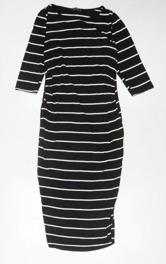 Boohoo Women's Black Striped 3/4 Sleeve Bodycon Dress