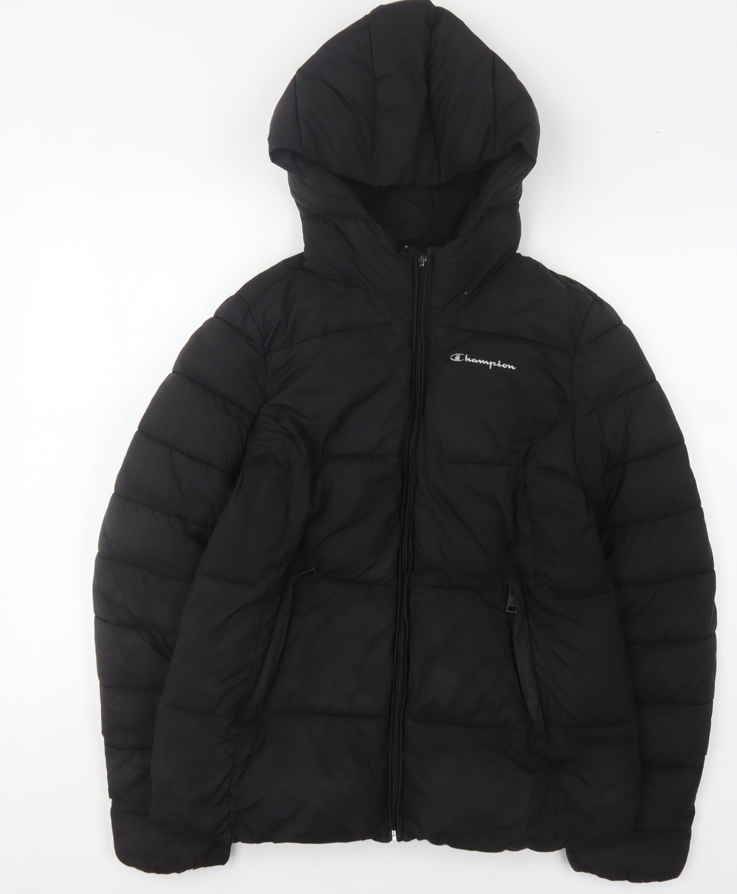 Champion Women's Black Puffer Jacket, Hooded, Size S