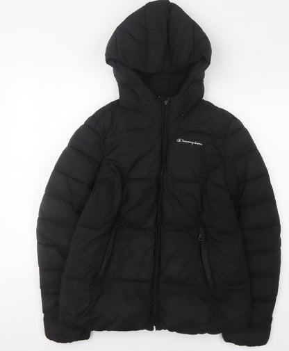 Champion Women's Black Puffer Jacket, Hooded, Size S