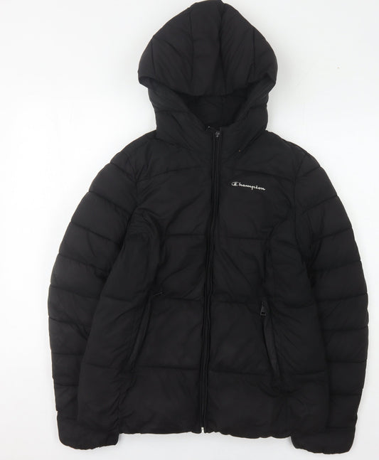 Champion Women's Black Puffer Jacket, Hooded, Size S