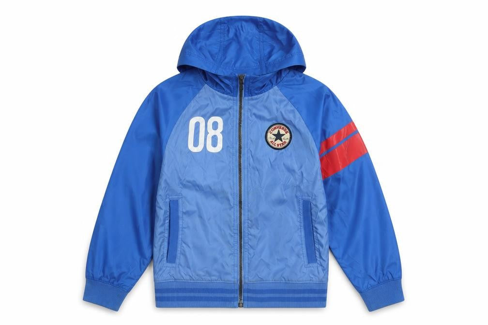 Front view of Converse boys’ blue windbreaker jacket 6-7 years - hooded, logo