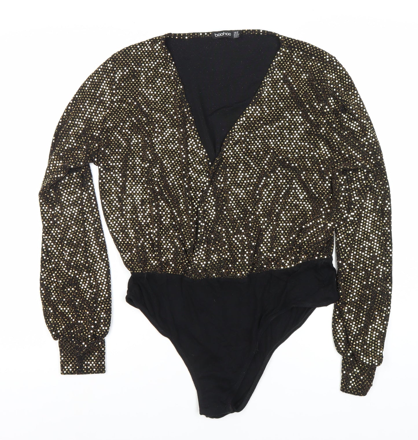 Boohoo Women's Black Gold Sequin Bodysuit Size 16