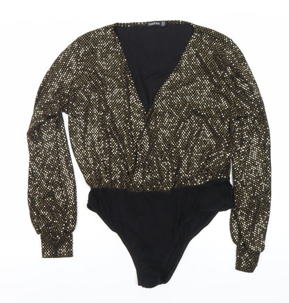 Boohoo Women's Black Gold Sequin Bodysuit Size 16