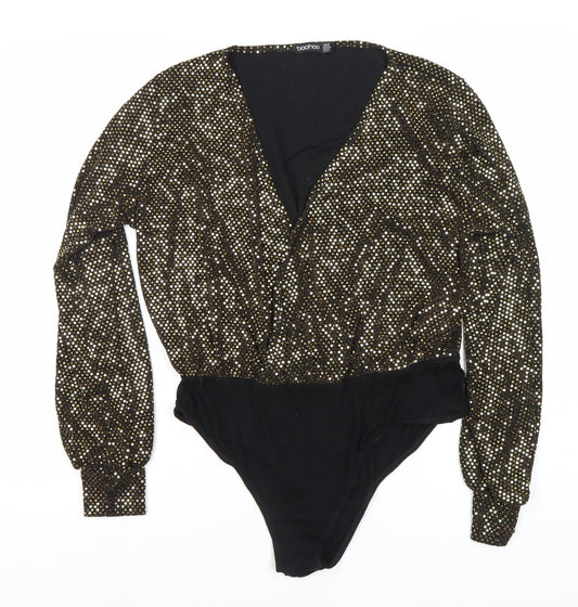 Boohoo Women's Black Gold Sequin Bodysuit Size 16