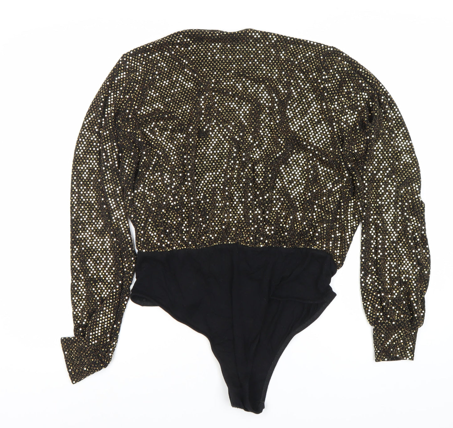 Boohoo Women's Black Gold Sequin Bodysuit Size 16