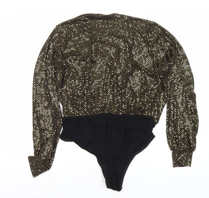 Boohoo Women's Black Gold Sequin Bodysuit Size 16