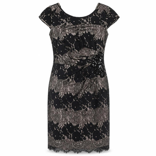 Front view of Roman Women's Black Floral Lace Sheath Dress, size 14